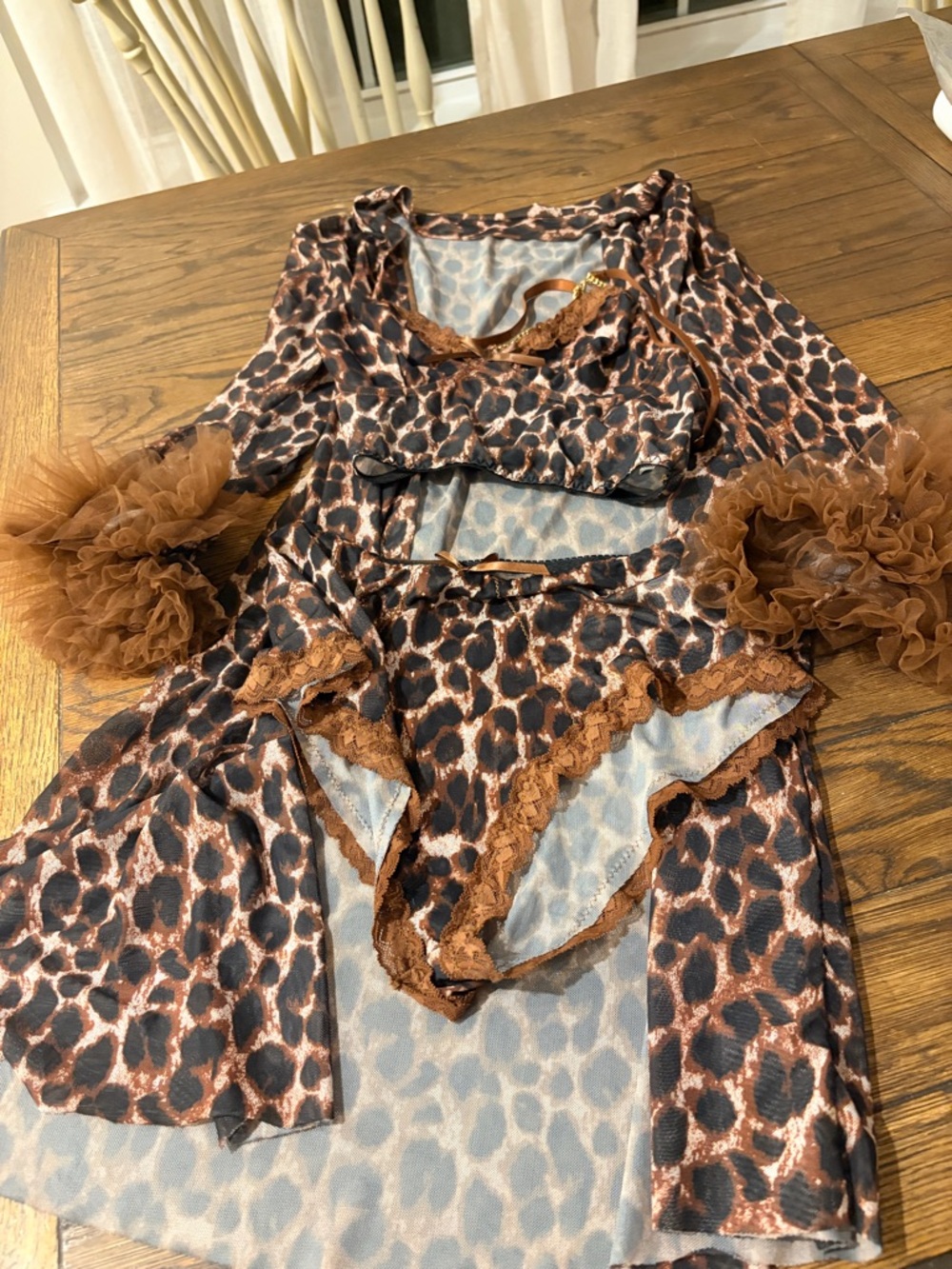 3 piece lingerie set! Brown Leopard Sheer Mesh Robe with Ruffle Cuffs